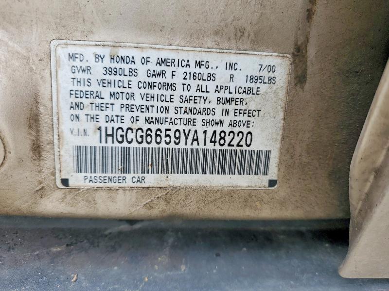 52386896 :رقم المزاد ، 1HGCG6659YA148220 vin ، 2000 Honda Accord مزاد بيع
