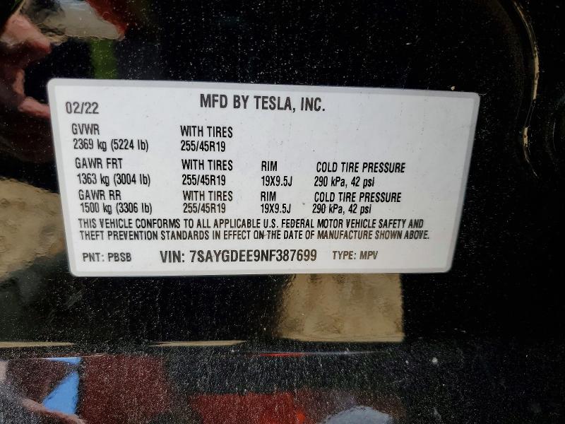 2022 Tesla Model Y მანქანა იყიდება აუქციონზე, vin: 7SAYGDEE9NF387699, აუქციონის ნომერი: 53895196