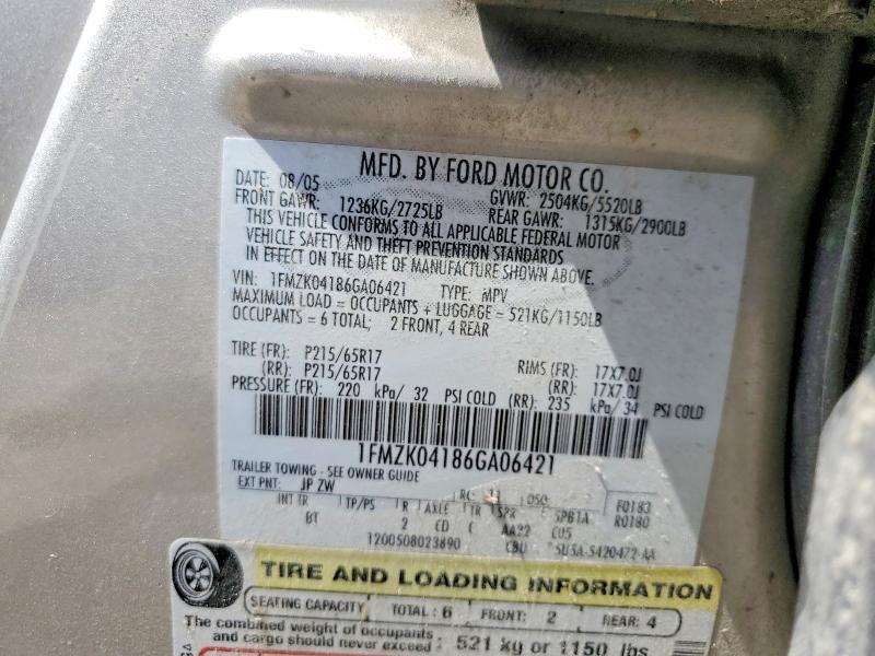 2006 Ford Freestyle მანქანა იყიდება აუქციონზე, vin: 1FMZK04186GA06421, აუქციონის ნომერი: 52574826