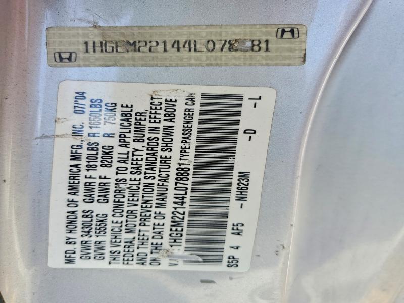 Aukcja sprzedaży 2004 Honda Civic, vin: 1HGEM22144L078881, numer aukcji: 54164246
