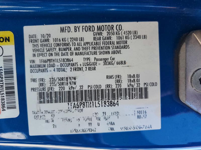 Продаж на аукціоні авто 2020 Ford Mustang, vin: 1FA6P8TH1L5183864, номер лоту: 53457406