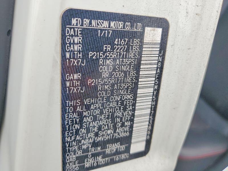 2017 Nissan Juke მანქანა იყიდება აუქციონზე, vin: JN8AF5MV5HT753866, აუქციონის ნომერი: 55461456