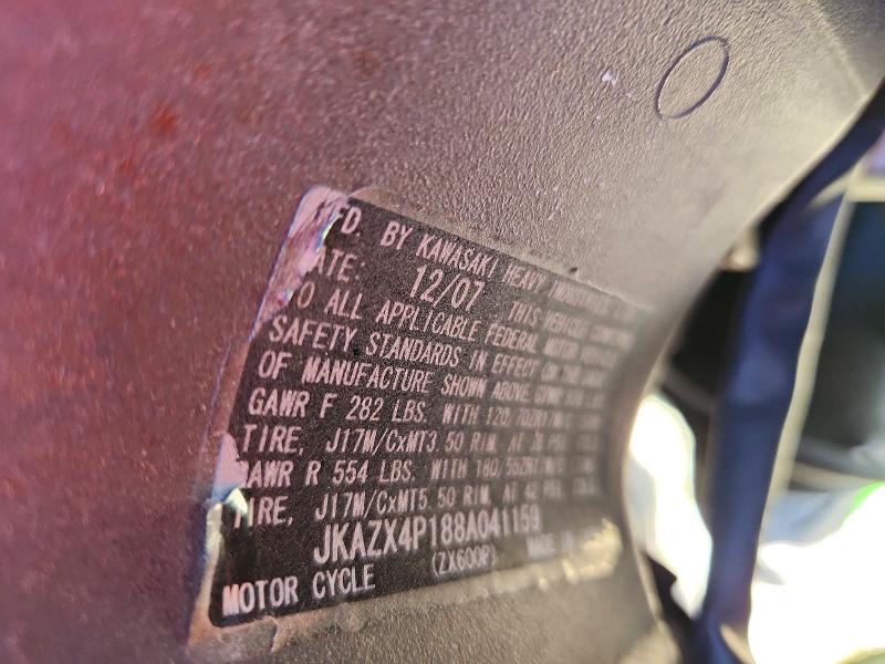 Продаж на аукціоні авто 2008 Kawasaki Zx600, vin: JKAZX4P188A041159, номер лоту: 53264246