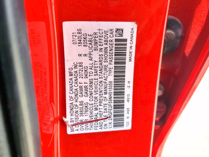 Продажа на аукционе авто 2022 Honda Civic, vin: 2HGFE2F59NH515058, номер лота: 53358466