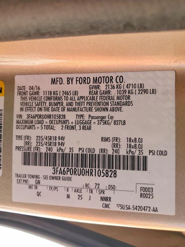 2017 Ford Fusion მანქანა იყიდება აუქციონზე, vin: 3FA6P0RU0HR105828, აუქციონის ნომერი: 54127846