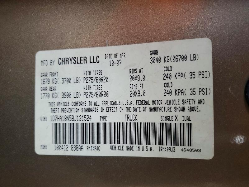 2008 Dodge Ram 1500 მანქანა იყიდება აუქციონზე, vin: 1D7HA18N58J131524, აუქციონის ნომერი: 51891686