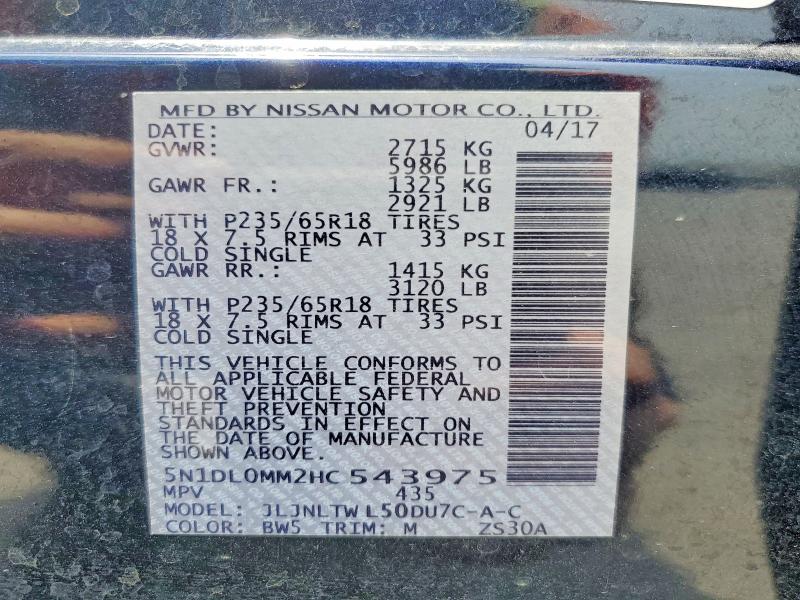 Aukcja sprzedaży 2017 Infiniti Qx60, vin: 5N1DL0MM2HC543975, numer aukcji: 52175446