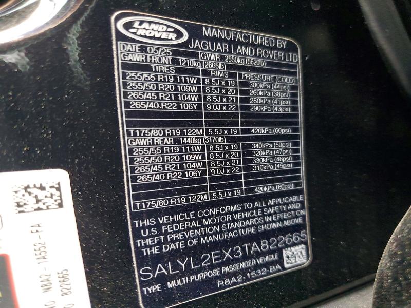 2026 Land Rover Range Rover Velar მანქანა იყიდება აუქციონზე, vin: SALYL2EX3TA822665, აუქციონის ნომერი: 53664836