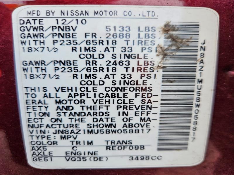 2011 Nissan Murano მანქანა იყიდება აუქციონზე, vin: JN8AZ1MU5BW058817, აუქციონის ნომერი: 52499916