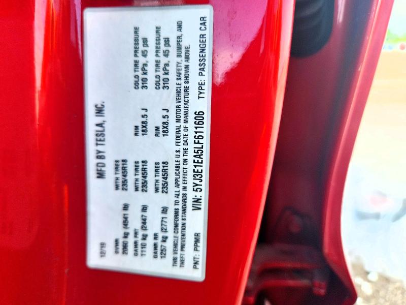 55065326 :رقم المزاد ، 5YJ3E1EA5LF611606 vin ، 2020 Tesla Model 3 مزاد بيع