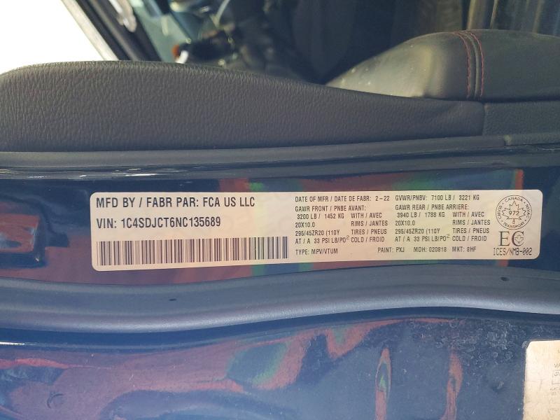 54354796 :رقم المزاد ، 1C4SDJCT6NC135689 vin ، 2022 Dodge Durango مزاد بيع