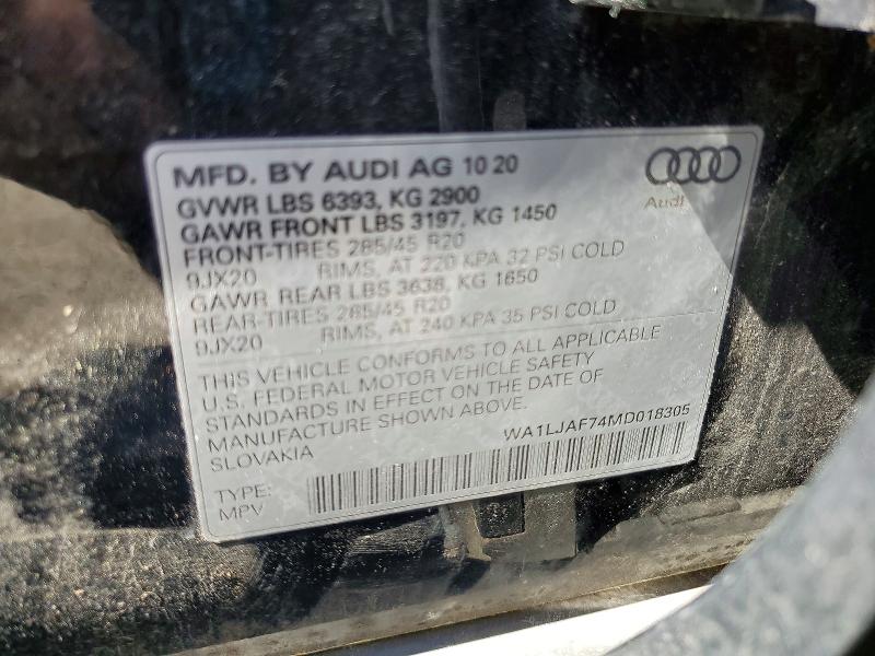 2021 Audi Q7 მანქანა იყიდება აუქციონზე, vin: WA1LJAF74MD018305, აუქციონის ნომერი: 52515456