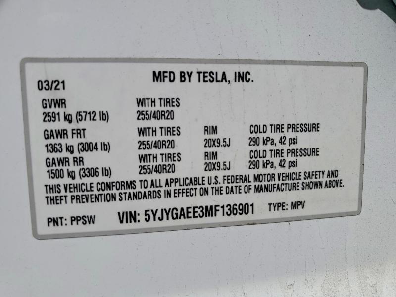 Продажа на аукционе авто 2021 Tesla Model  Y, vin: 5YJYGAEE3MF136901, номер лота: 53962376