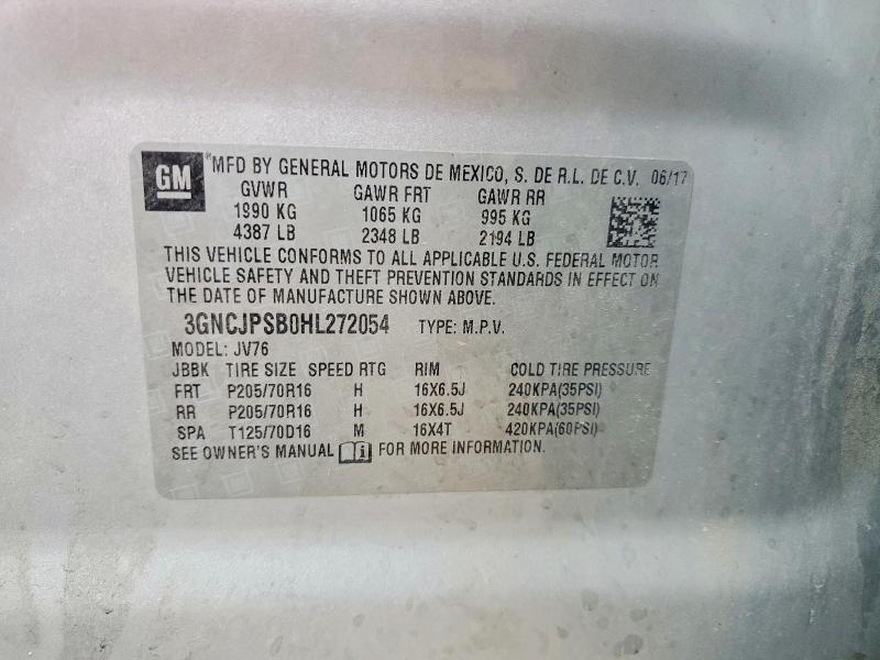 Aukcja sprzedaży 2017 Chevrolet Trax, vin: 3GNCJPSB0HL272054, numer aukcji: 53201096