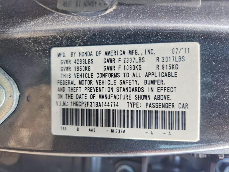 Aukcja sprzedaży 2011 Honda Accord, vin: 1HGCP2F31BA144774, numer aukcji: 54277626