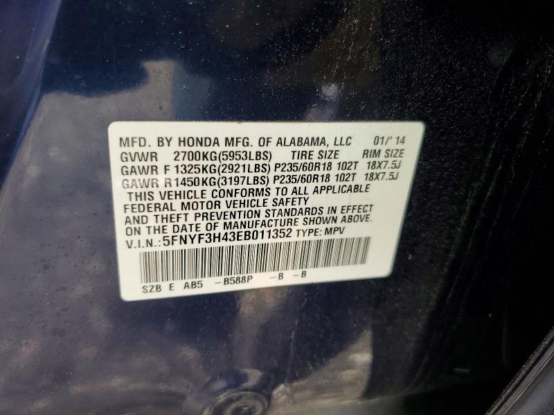 Aukcja sprzedaży 2014 Honda Pilot, vin: 5FNYF3H43EB011352, numer aukcji: 54802866