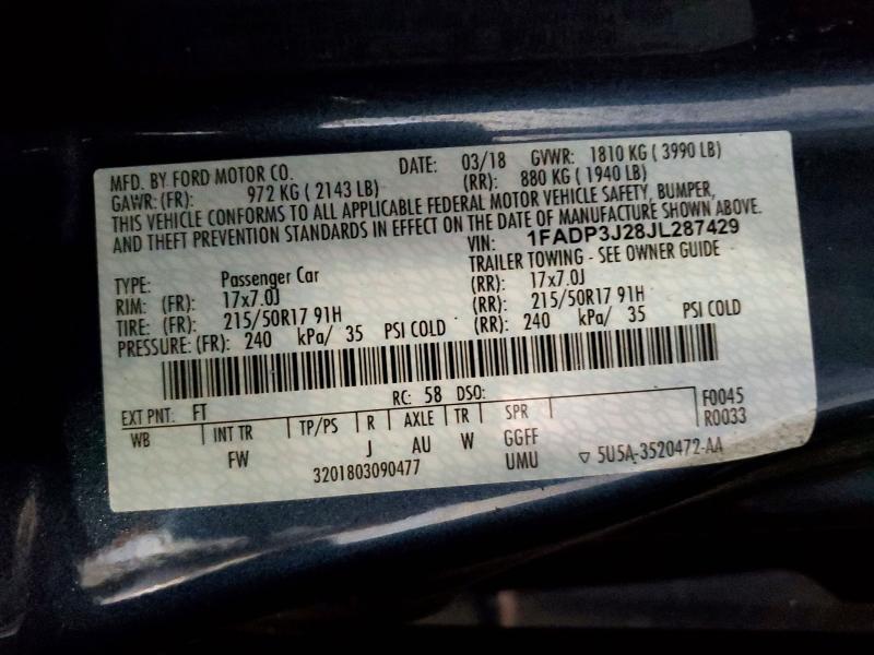 52406386 :رقم المزاد ، 1FADP3J28JL287429 vin ، 2018 Ford Focus مزاد بيع