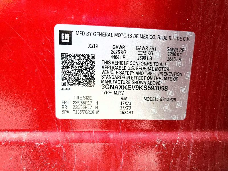 2019 Chevrolet Equinox მანქანა იყიდება აუქციონზე, vin: 3GNAXKEV9KS593098, აუქციონის ნომერი: 54256316