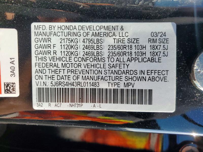 2024 Honda Cr-v მანქანა იყიდება აუქციონზე, vin: 5J6RS4H43RL011483, აუქციონის ნომერი: 52516516