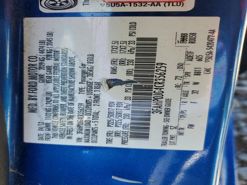 2012 Ford Fusion მანქანა იყიდება აუქციონზე, vin: 3FAHP0JG4CR356259, აუქციონის ნომერი: 53228696