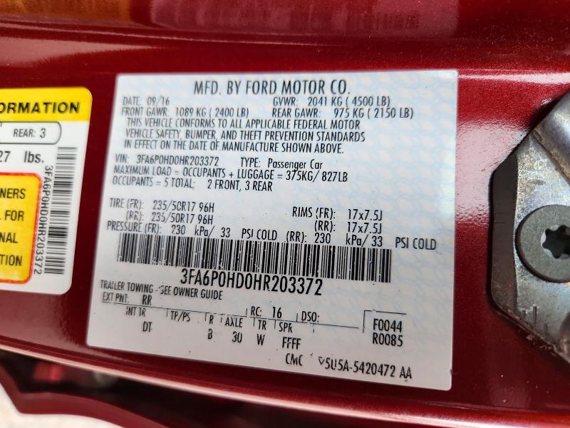 Продаж на аукціоні авто 2017 Ford Fusion, vin: 3FA6P0HD0HR203372, номер лоту: 55045416