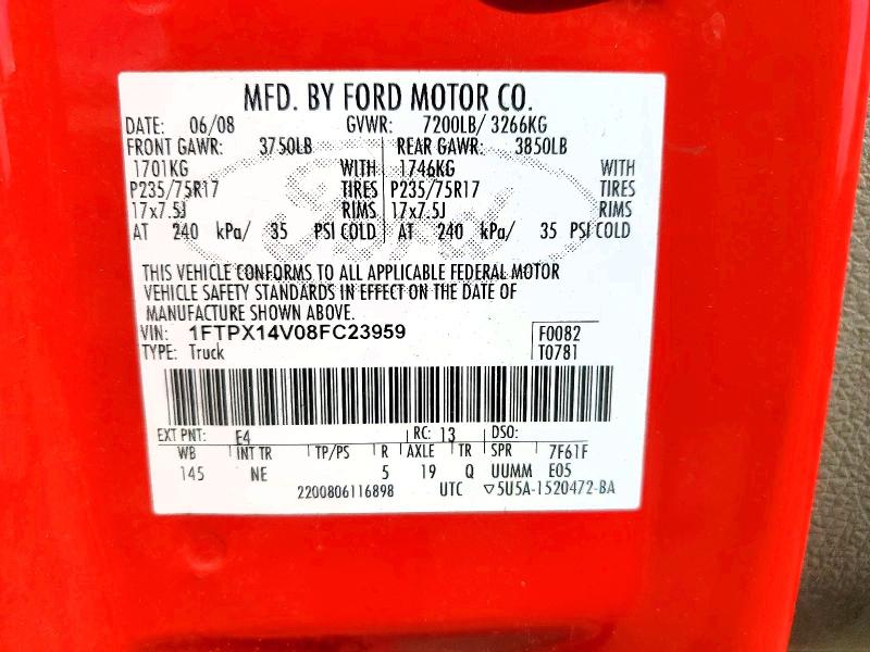 54150106 :رقم المزاد ، 1FTPX14V08FC23959 vin ، 2008 Ford F150 مزاد بيع