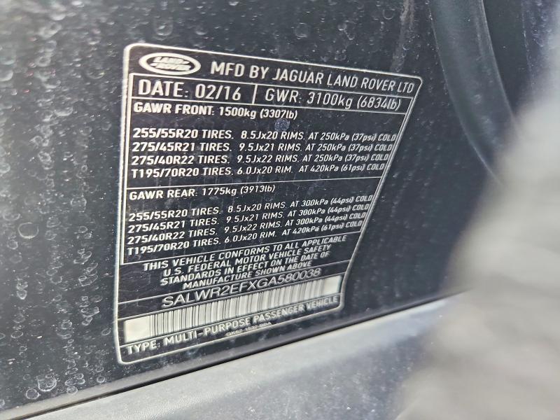 Продажа на аукционе авто 2016 Land Rover Range Rover Sport, vin: SALWR2EFXGA580038, номер лота: 54619566