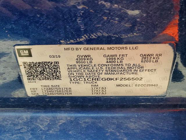 52728436 :رقم المزاد ، 1GC1CREG0KF256502 vin ، 2019 Chevrolet Silverado مزاد بيع