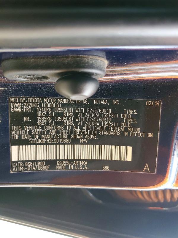 55218106 :رقم المزاد ، 5TDJKRFH3ES019680 vin ، 2014 Toyota Highlander مزاد بيع
