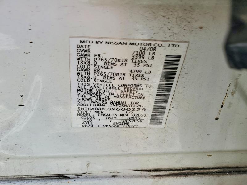 53894326 :رقم المزاد ، 5N1BA08D59N600229 vin ، 2009 Nissan Armada مزاد بيع