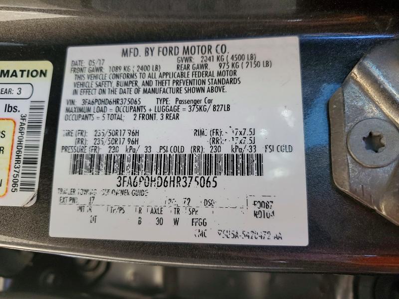 Aukcja sprzedaży 2017 Ford Fusion, vin: 3FA6P0HD6HR375065, numer aukcji: 53345796
