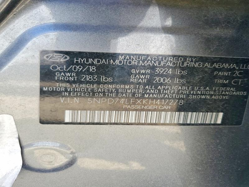 52058646 :رقم المزاد ، 5NPD74LFXKH417278 vin ، 2019 Hyundai Elantra مزاد بيع
