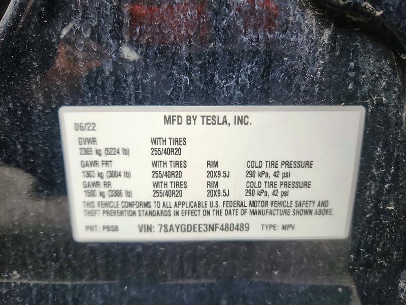 Продажа на аукционе авто 2022 Tesla Model Y, vin: 7SAYGDEE3NF480489, номер лота: 53272896