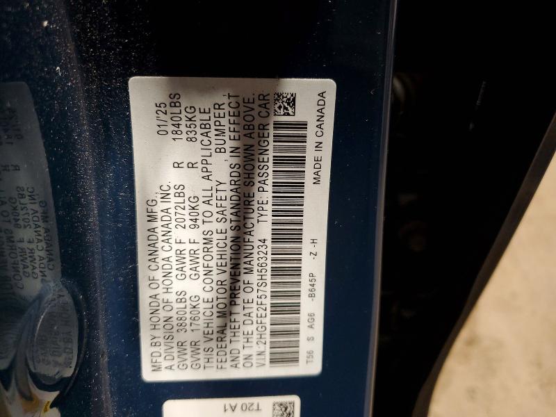 Продаж на аукціоні авто 2025 Honda Civic, vin: 2HGFE2F57SH563234, номер лоту: 55189946