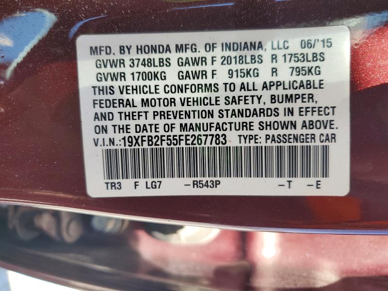 2015 Honda Civic მანქანა იყიდება აუქციონზე, vin: 19XFB2F55FE267783, აუქციონის ნომერი: 54184476