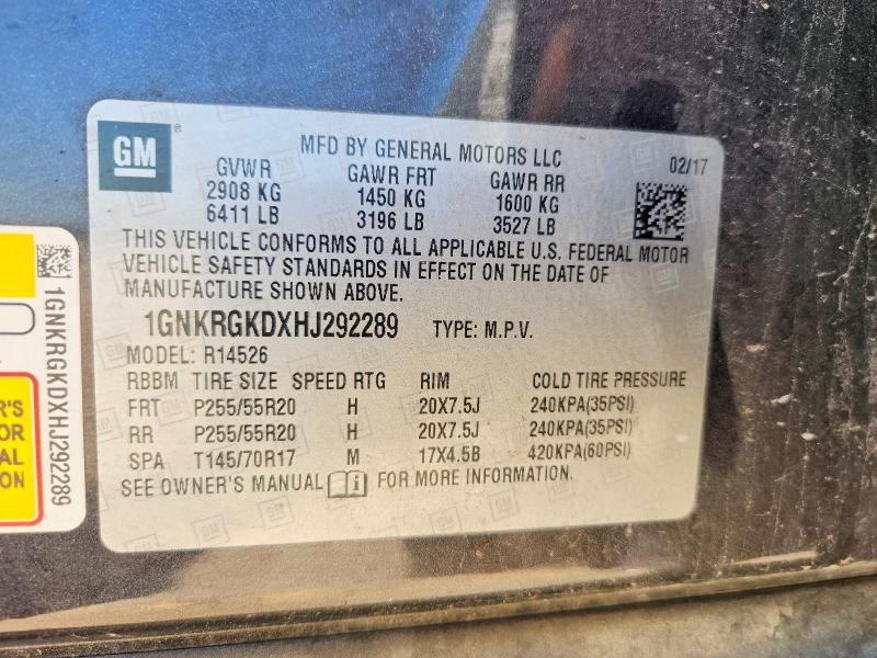 2017 Chevrolet Traverse მანქანა იყიდება აუქციონზე, vin: 1GNKRGKDXHJ292289, აუქციონის ნომერი: 53074656