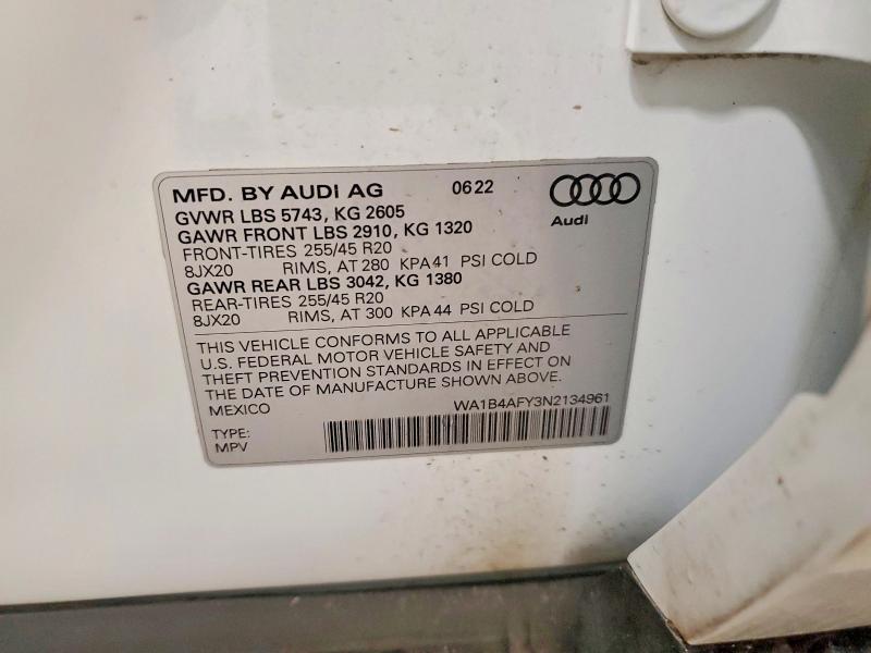 Aukcja sprzedaży 2022 Audi Sq5, vin: WA1B4AFY3N2134961, numer aukcji: 53748406