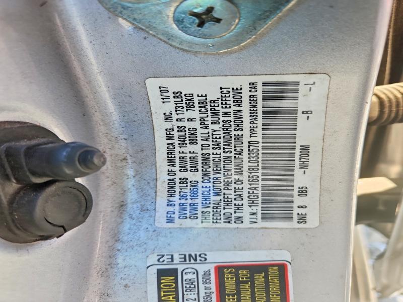 2008 Honda Civic მანქანა იყიდება აუქციონზე, vin: 1HGFA16518L033570, აუქციონის ნომერი: 53775606