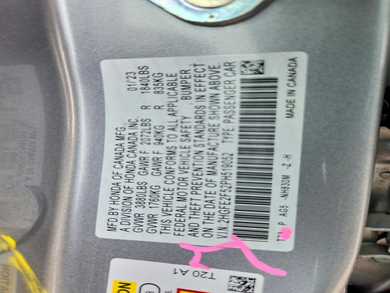 53830686 :رقم المزاد ، 2HGFE2F52PH519052 vin ، 2023 Honda Civic مزاد بيع