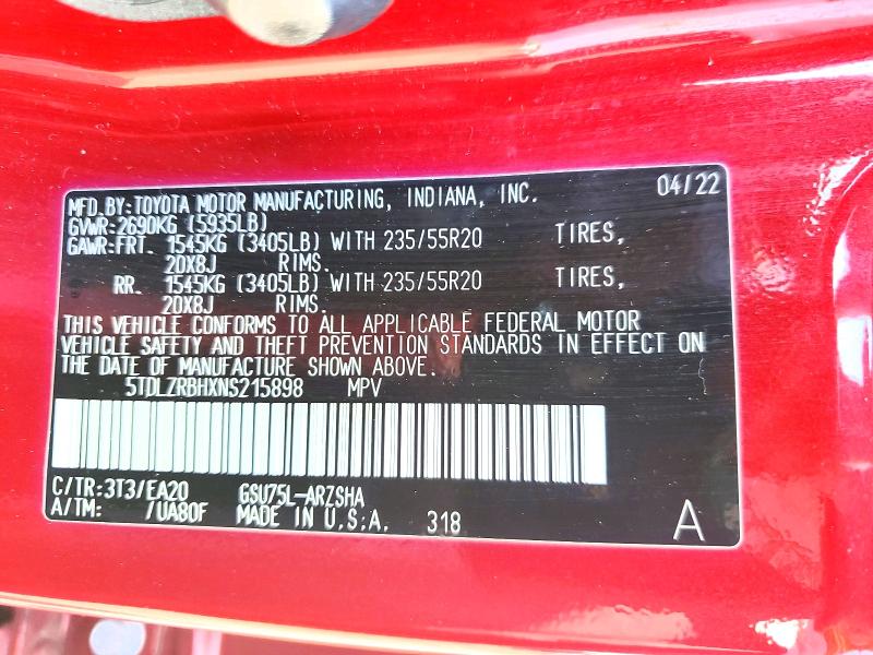 53781786 :رقم المزاد ، 5TDLZRBHXNS215898 vin ، 2022 Toyota Highlander مزاد بيع