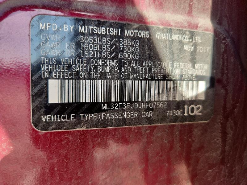 52945716 :رقم المزاد ، ML32F3FJ9JHF07562 vin ، 2018 Mitsubishi Mirage مزاد بيع