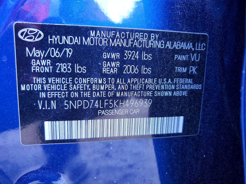 2019 Hyundai Elantra მანქანა იყიდება აუქციონზე, vin: 5NPD74LF5KH496939, აუქციონის ნომერი: 53643576