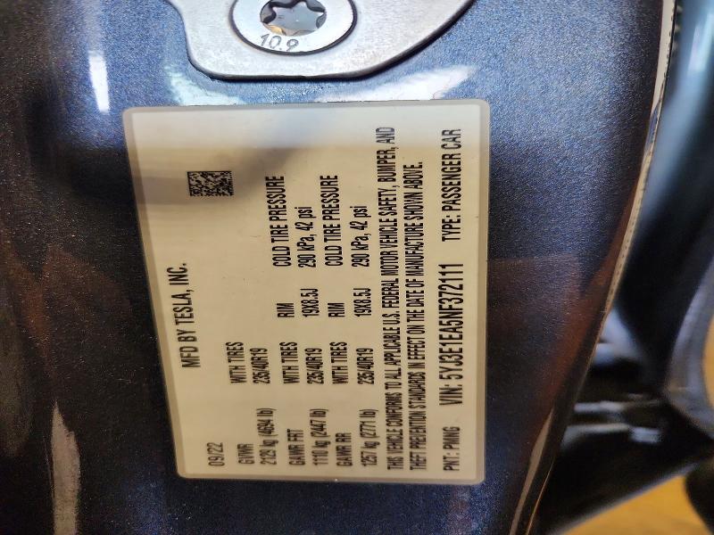 2022 Tesla Model 3 მანქანა იყიდება აუქციონზე, vin: 5YJ3E1EA5NF372111, აუქციონის ნომერი: 53767516