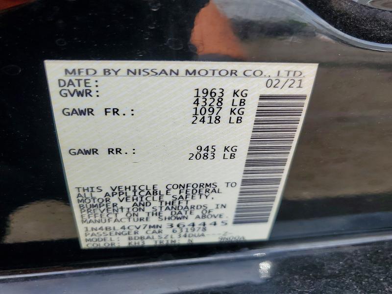 Aukcja sprzedaży 2021 Nissan Altima, vin: 1N4BL4CV7MN364445, numer aukcji: 54836216