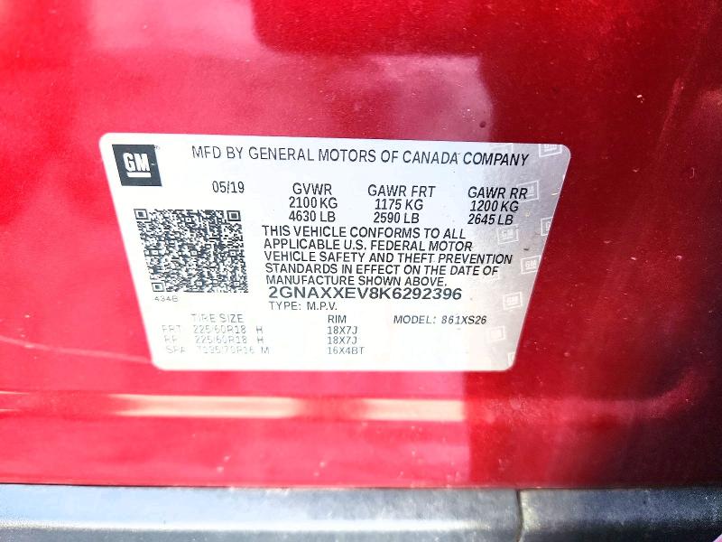 2019 Chevrolet Equinox მანქანა იყიდება აუქციონზე, vin: 2GNAXXEV8K6292396, აუქციონის ნომერი: 54421766