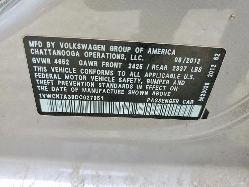 Продаж на аукціоні авто 2013 Volkswagen Passat, vin: 1VWCN7A38DC027951, номер лоту: 52466536