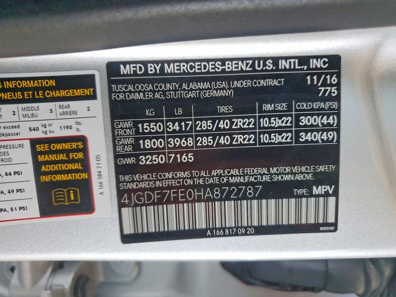 Aukcja sprzedaży 2017 Mercedes-benz Gls, vin: 4JGDF7FE0HA872787, numer aukcji: 54896846