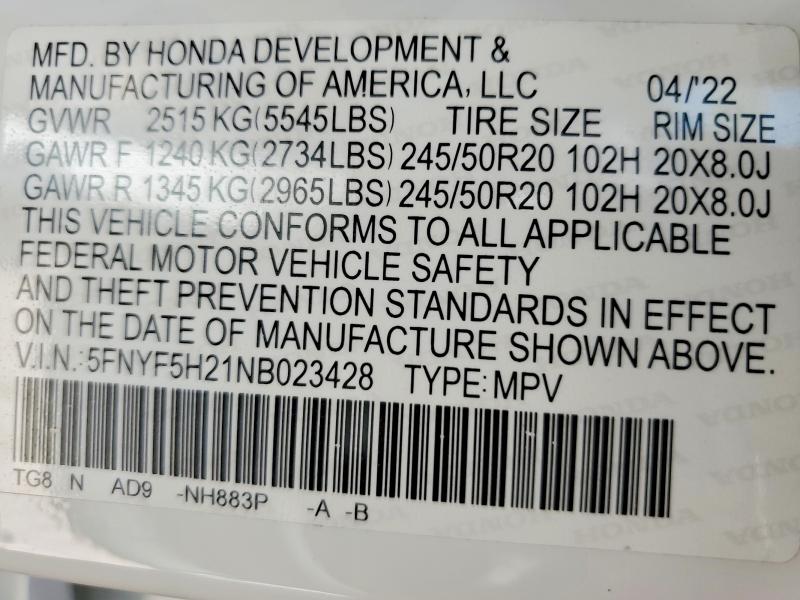 Продажа на аукционе авто 2022 Honda Pilot, vin: 5FNYF5H21NB023428, номер лота: 54873056