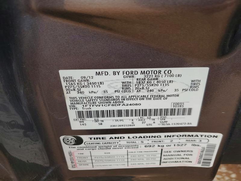 54434256 :رقم المزاد ، 1FTFW1CF8DFA24080 vin ، 2013 Ford F150 مزاد بيع