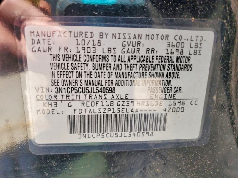 2018 Nissan Kicks მანქანა იყიდება აუქციონზე, vin: 3N1CP5CU5JL540598, აუქციონის ნომერი: 52852756